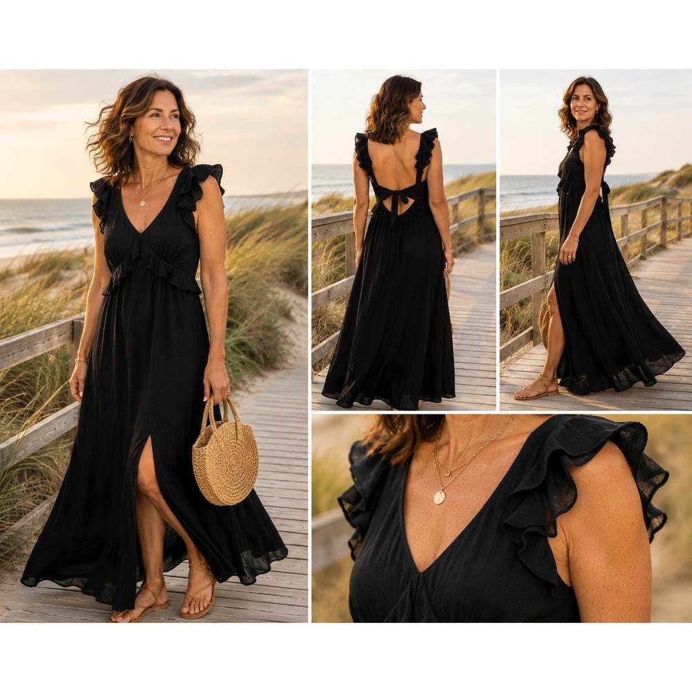 Blue Rain Black Maxi Dress XS Ruffle Sleeve Open Back Slit Boho Romantic Cottage